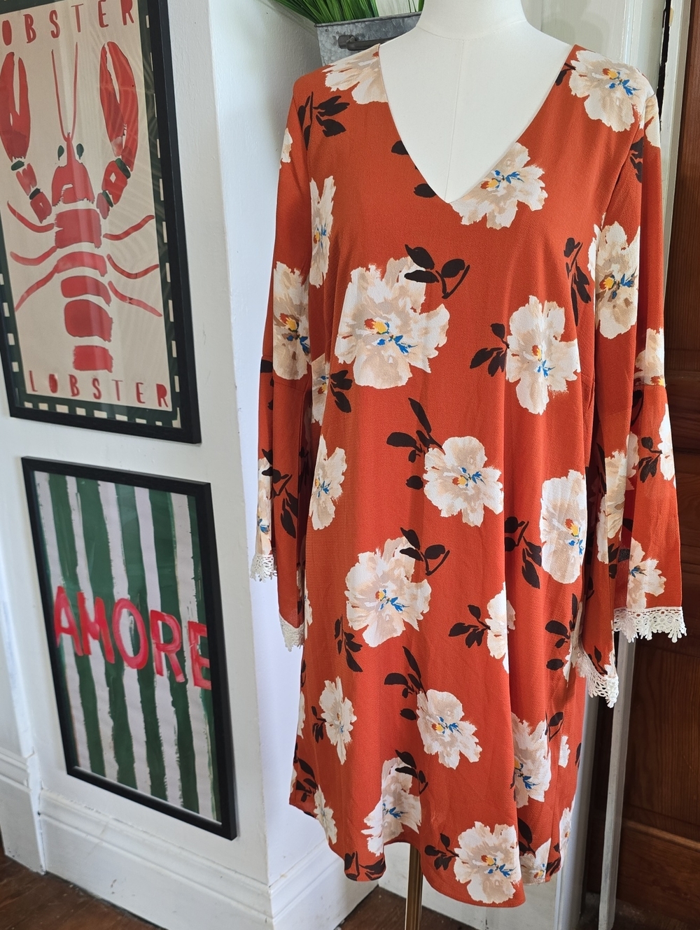 Moa Moa Rust Floral V-Neck Long Sleeve Dress Lace Trim Fall Plus 1x
